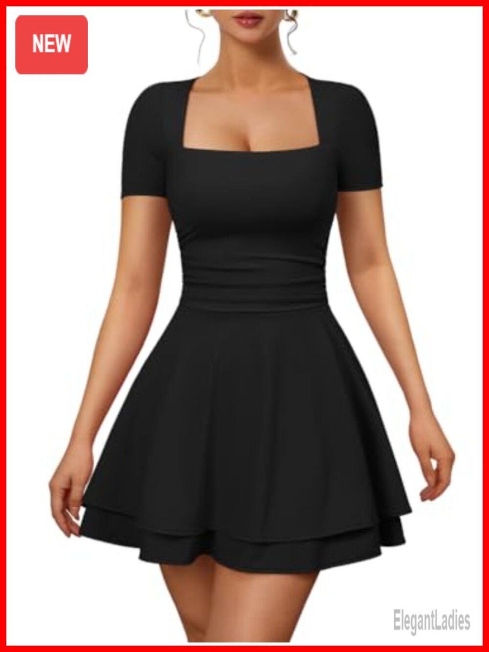 XXTAXN Womens Sexy Square Neck Short Sleeve Flowy Club Mini Dress
